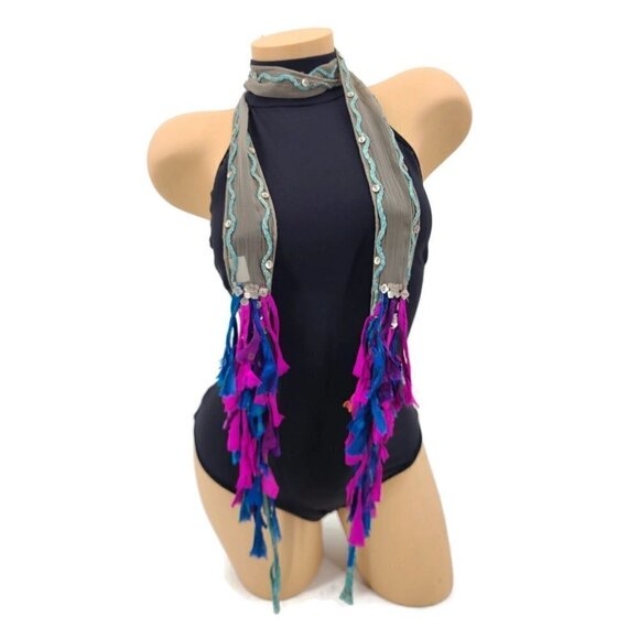 New Chan Luu Patchwork Fringe Chiffon Skinny Scarf Buttons 70" Gray Pink Blue - Picture 1 of 8